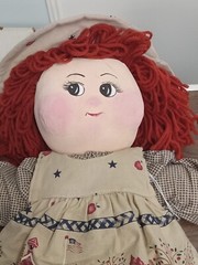 Stuffed handmade & hand painted face red yarn hair big 28″ doll sits country dre