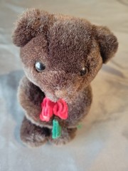 Choclate Brown Plush Jointed Vintage Russ Bear Holding Roses 5″