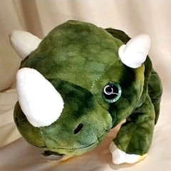 Dinosaur Plush Animal Green & Yellow With Plastic Eyes, White Ears and Horn