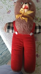 Vintage Plush Carnival Teddy Bear Prize Plaid Shirt Red Corduroy Rubber Face