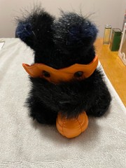 Scottish Terrier Orange Plastic Mask and Pumpkin Black and Blue Stuffed Toy