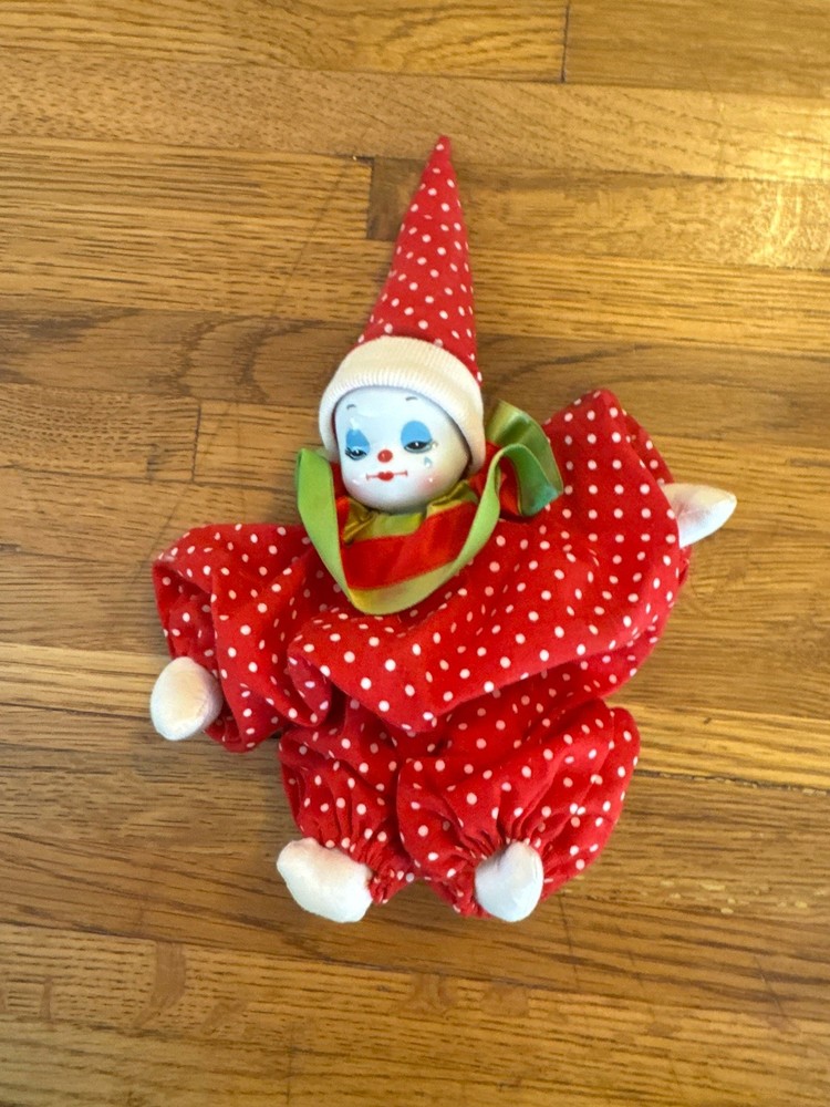 Lillian Vernon Christmas Clown Doll Vintage Porcelain Head Red Polka Dot
