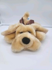 Kids Of America Tired Yellow Beige Puppy Dog Laying Sleepy Plush Brown Bow