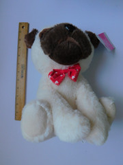 Puppy Dog Tan Brown Stuffed Plush About 11 inches tall Heart Red Bowtie