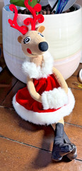 Christmas Doe Reindeer Plush 14” Galerie Au Chocolat Red Dress faux white trim