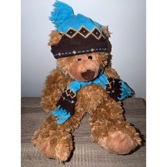 Mary Meyer Brown Shaggy Teddy Bear Plush Blue Knit Winter Hat Scarf 22453 11049