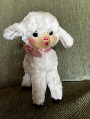 Vintage Rubber Face Lamb / Sheep Stuffed Plush White, Pink Bow Rushton Style 9”