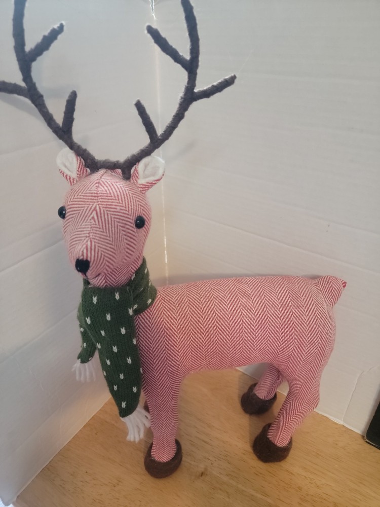 17 Inch Cloth Reindeer Red And White With Green Scarf