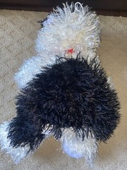 Toy Factory Puppy Dog Fuzzy White Black Red Ribbon Plush Stuffed Animal Toy EUC