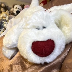 Dan Dee White Plush Puppy Dog Red Heart Nose Red Ribbon Bow 14in Vintage 1999