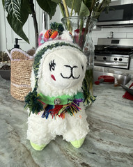 Hand made white & multicolor green Llama Soft Plush Stuffed Animal w/ hat