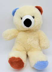 Vintage Cream Teddy Bear w/ Rust Brown and Blue Paws and Ears Black Fuzzy Nose