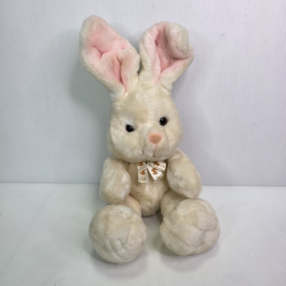 Vintage Golden Bear Co. Fluffy Bunny Plush Pink White Bow 12″ Made in Korea