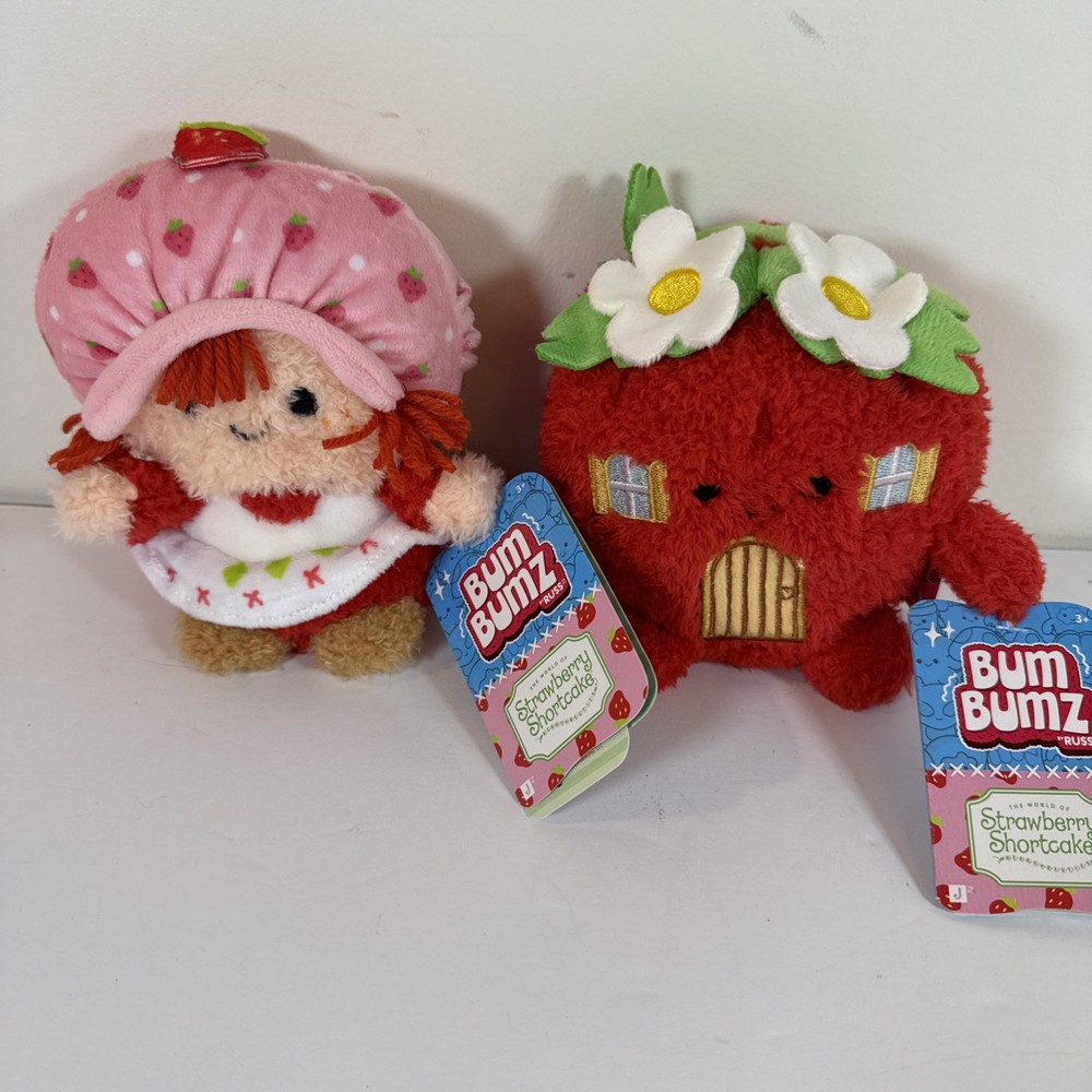 BumBumz Strawberry Shortcake Mini 4.5″ Plush Figure & House Set of 2 NEW