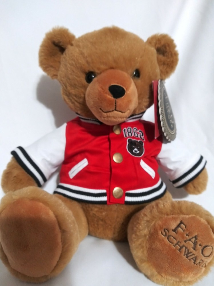 NWT FAO Schwarz 1862 Varsity Jacket Anniversary Teddy Bear Soft Plush Toy 12 in