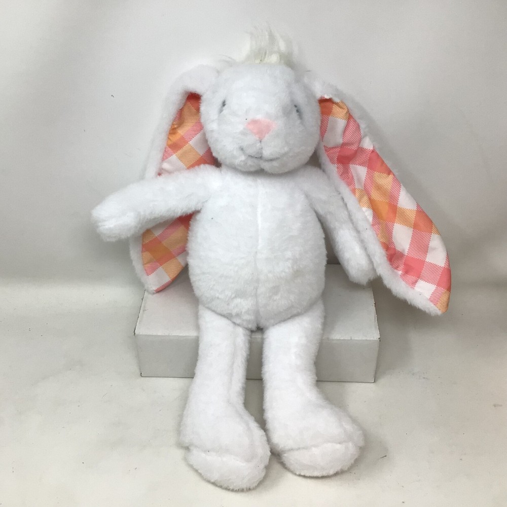 Plushible White Bunny Rabbit Plush Pink Orange Plaid Long Ear Stuffed Animal 14”