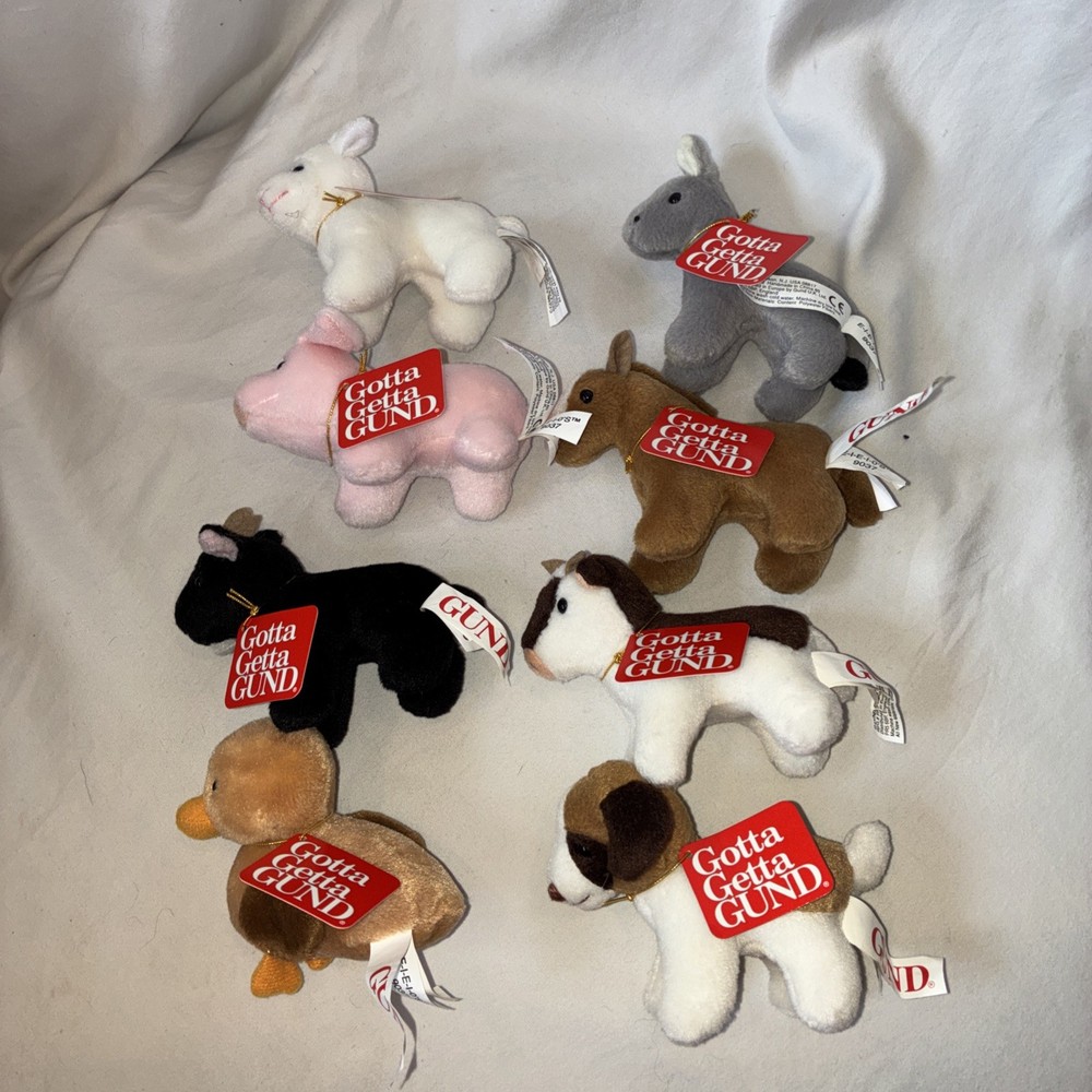 Lot of 8 Vintage Gund E.I.E.I.O.s Farm Animals Mini Plush Cow Duck Pig Goat NWT