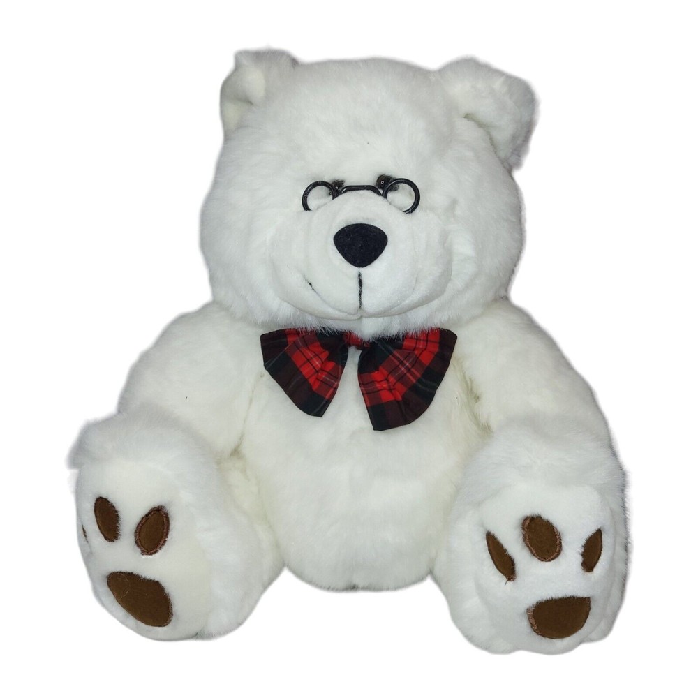 Chosun International White Bear Plush Stuffed Animal Glasses plaid bow tie 15″