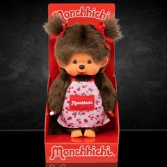 8″ Large Monchhichi Doll – Girl in Pink Fruit and Flower Apron – Authentic