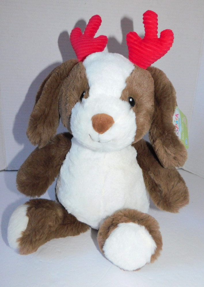 Stuffed Plush Puppy Dog Animal W/ Reindeer Antlers Infant Rattle About 15 in
