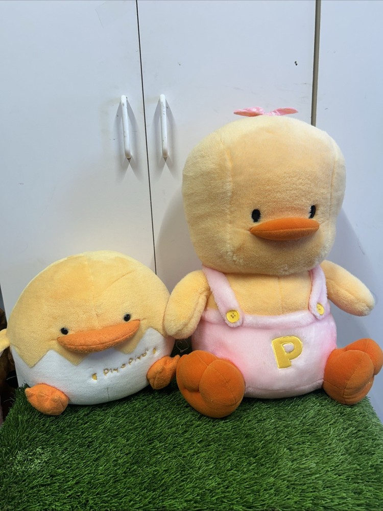 Set Of 2 Vintage 1991 Piyo Piyo Duck Chick Stuffed Plush Sweater Baby Gift RARE