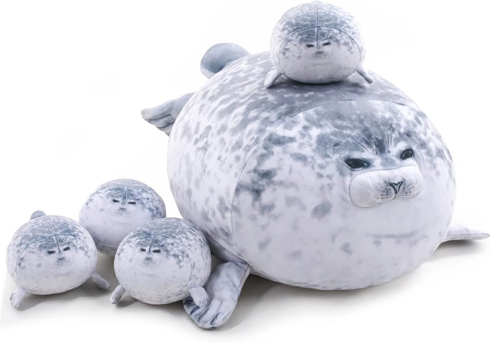 TOYSYM Chubby Blob Seal Pillow Cute Seal Plush with 4 Baby Plushies in Her Tummy