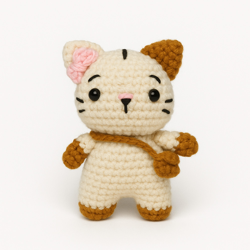 Sutra Crochet Kitty Plush – Cream Cat with Bow & Bag | Soft Toy Gift for Kids