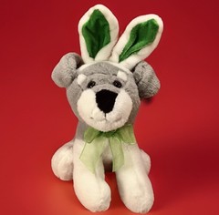 Dan Dee Puppy Dog Gray White Plush Easter Bunny Green Ears Bow Stuffed Animal 9″