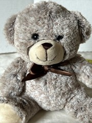 Very Soft Plush Teddy Bear Brown Bow Hard Plastic Eyes Sitting Up Position
