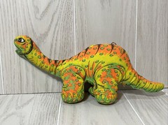 Yellow Green Orange Fabric Plush Dinosaur Stuffed Animal hanging loop vintage