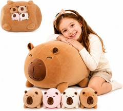 Big Mommy Capybara Plush with 4 Babies – Soft Stuffed Animal Gift for Kids