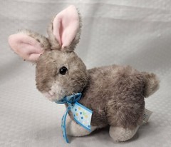 Hug Fun Vintage Plush Cuddle Soft Gray Bunny Rabbit w/ Blue Bow – Easter Animal