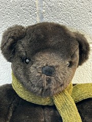 Pottery Barn Plush Bear Stuffed Toy Green Knit Scarf 15” Dark Espresso Brown P5