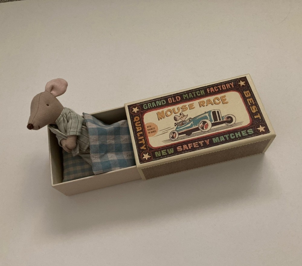 Maileg Mint Big Brother Mouse In Box Striped Shirt With Original Match Box