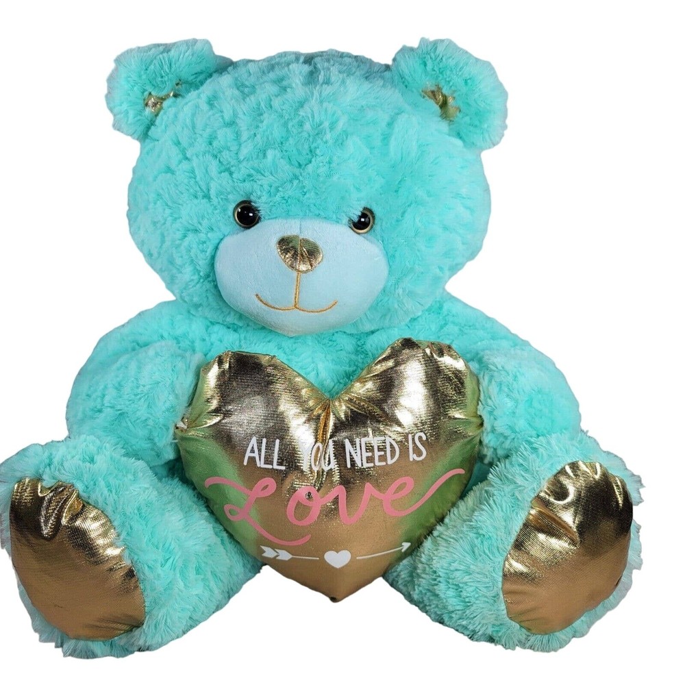 Mint Green Teddy Bear Plush Gold Heart Valentines Day Stuffed Animal Adventure