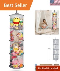 Elegant 4-Tier Grey Hanging Stuffed Animal Storage Hammock for Kids’ Room