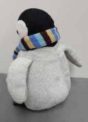 Gray Penguin Plush Vinyl Beak & Feet Striped Brown Blue & Beige Scarf 5.5″