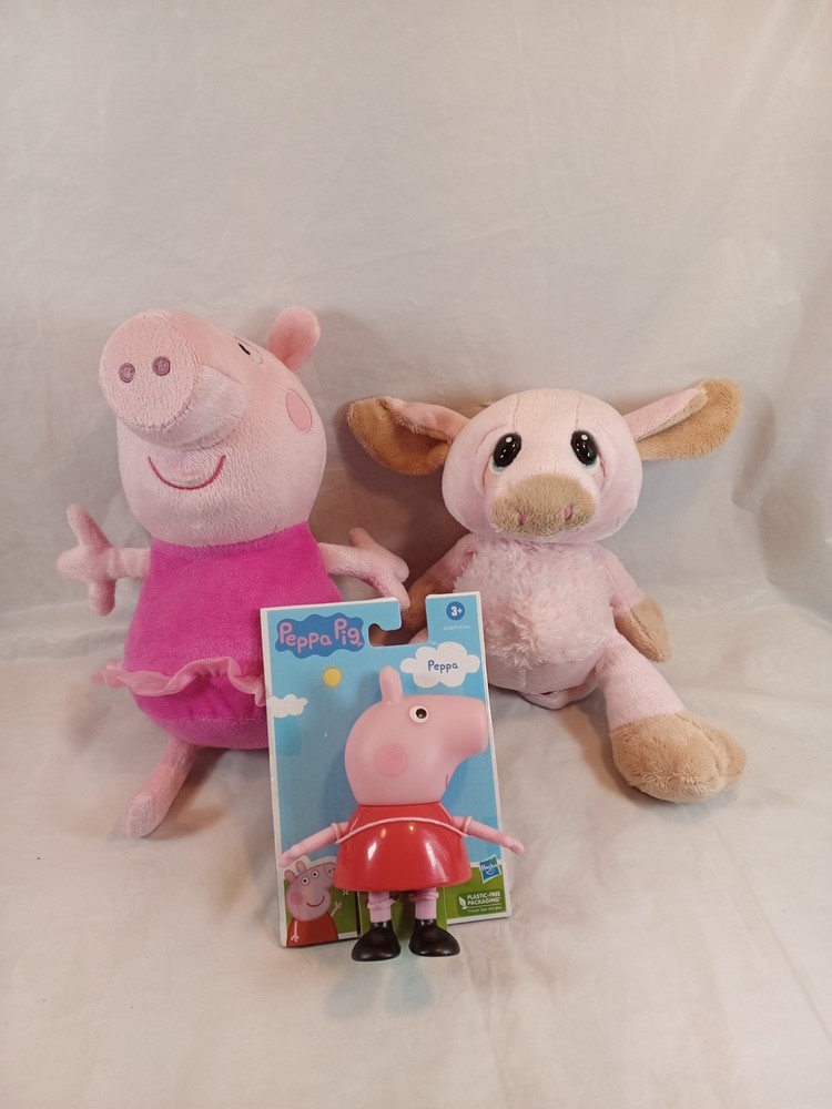 3pc Plush Pigs, Ganz Heart Tugger Pig, ABD Peppa Pig, Plastic Peppa Pig Hasbro