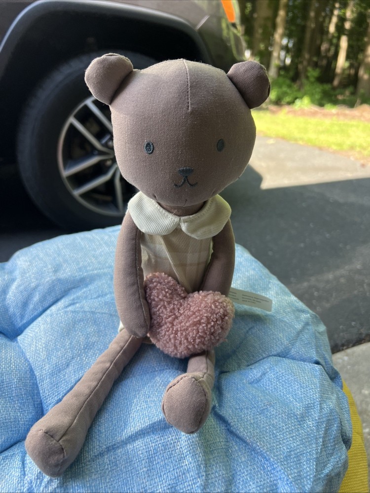 Hearth & Hand Magnolia Plush Bear Brown w Pink Heart 14″ Cloth Embroidered Leggy