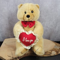 Vintage Joy Toy Beige Teddy Bear Valentine Red Lace Heart Bow Tie I Love You 10″