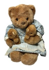 VTG Russ Berrie Mama Bear 2 Cubs Babies Teddy Plush Blue Dress Apron 15″