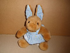 INTERNATIONAL BON TON TOYS PLUSH STUFFED BUNNY RABBIT BLUE DRESS AND EARS 6 IN