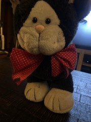 Large Black and White Stuffed Cat with Red Bow That Can Stand Up On Legs 18”