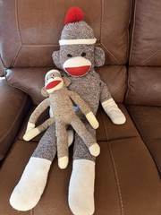 2 Maxx Sock Monkey Monkey Stuffed Animal Plush Medium Brown Beige Red Washable