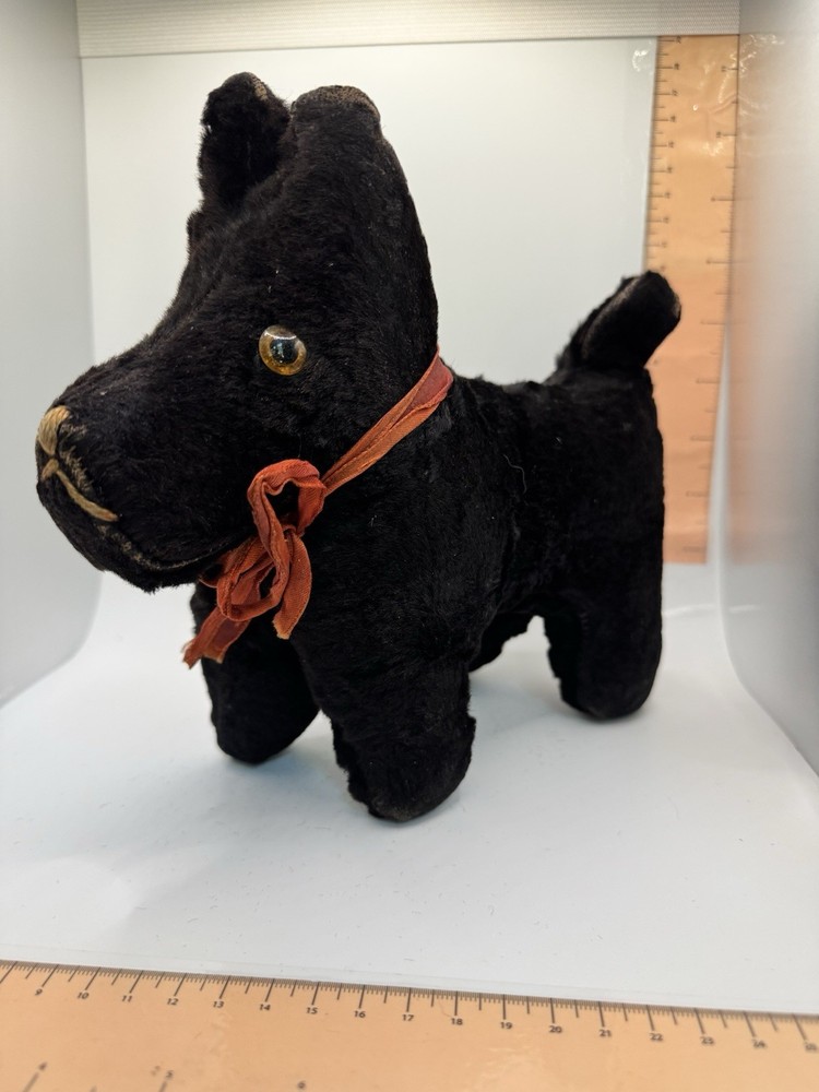Antique Mohair Scottish Terrier Plush Black Scottie Dog Glass Eyes Vintage 10in