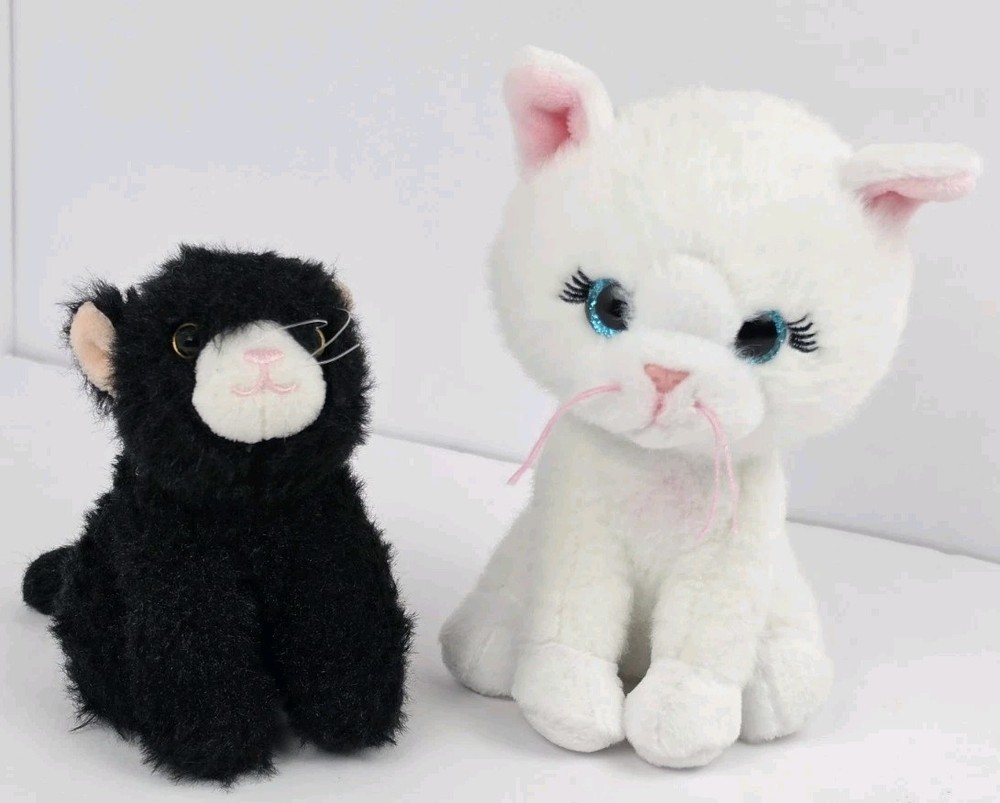 Cute Plush Cat Kitten Toy Set Black & White Stuffed Animals Soft Kawaii