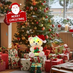 Christmas White Teddy Bear Stuffed Animal,10 Inch Light up Musical Santa Bear…