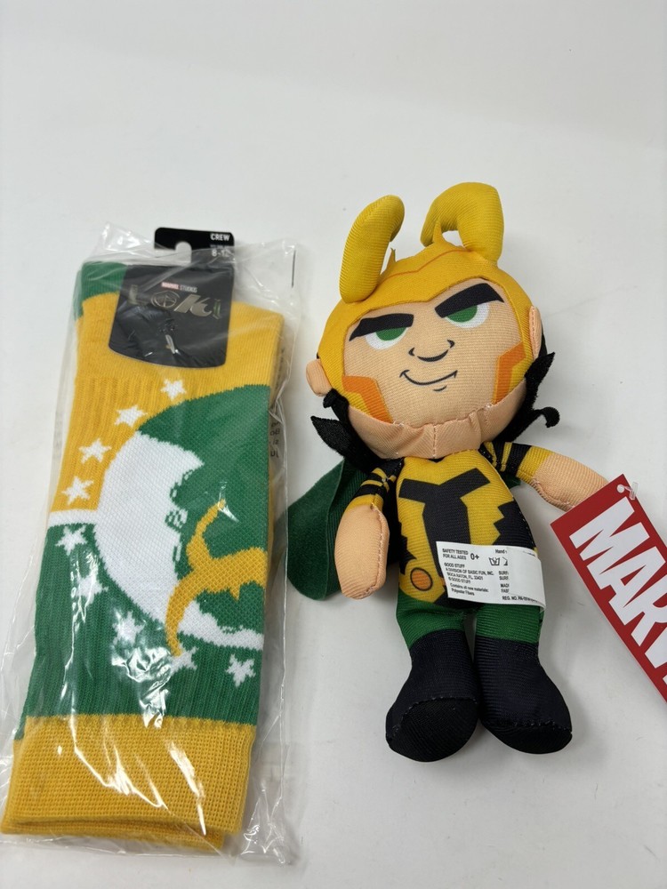 Marvel Avengers Loki Bundle Set 8” Plush & Bioworld Crew Socks New