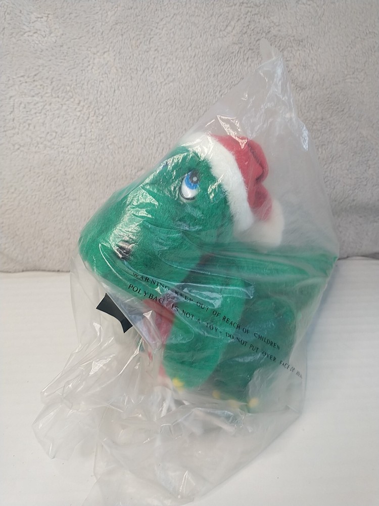 New Vintage Jinglesaurus Christmas Green Dinosaur Plush Santa Hat Scarf 7″ Seald
