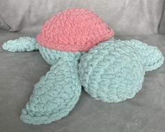 Crochet Turtle Pink Green Sparkles 12” x 13” Handmade Strawberry Pink Lemonade
